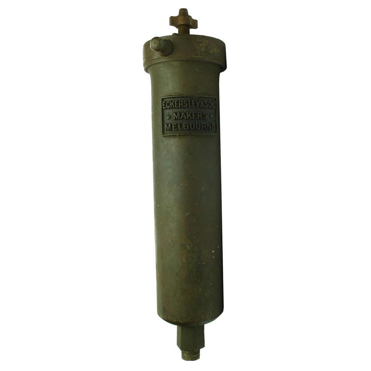 Heavy brass part of an aerated water filling machine. Eckersley & Sons Makers Melbourne name plate. (Victoria)