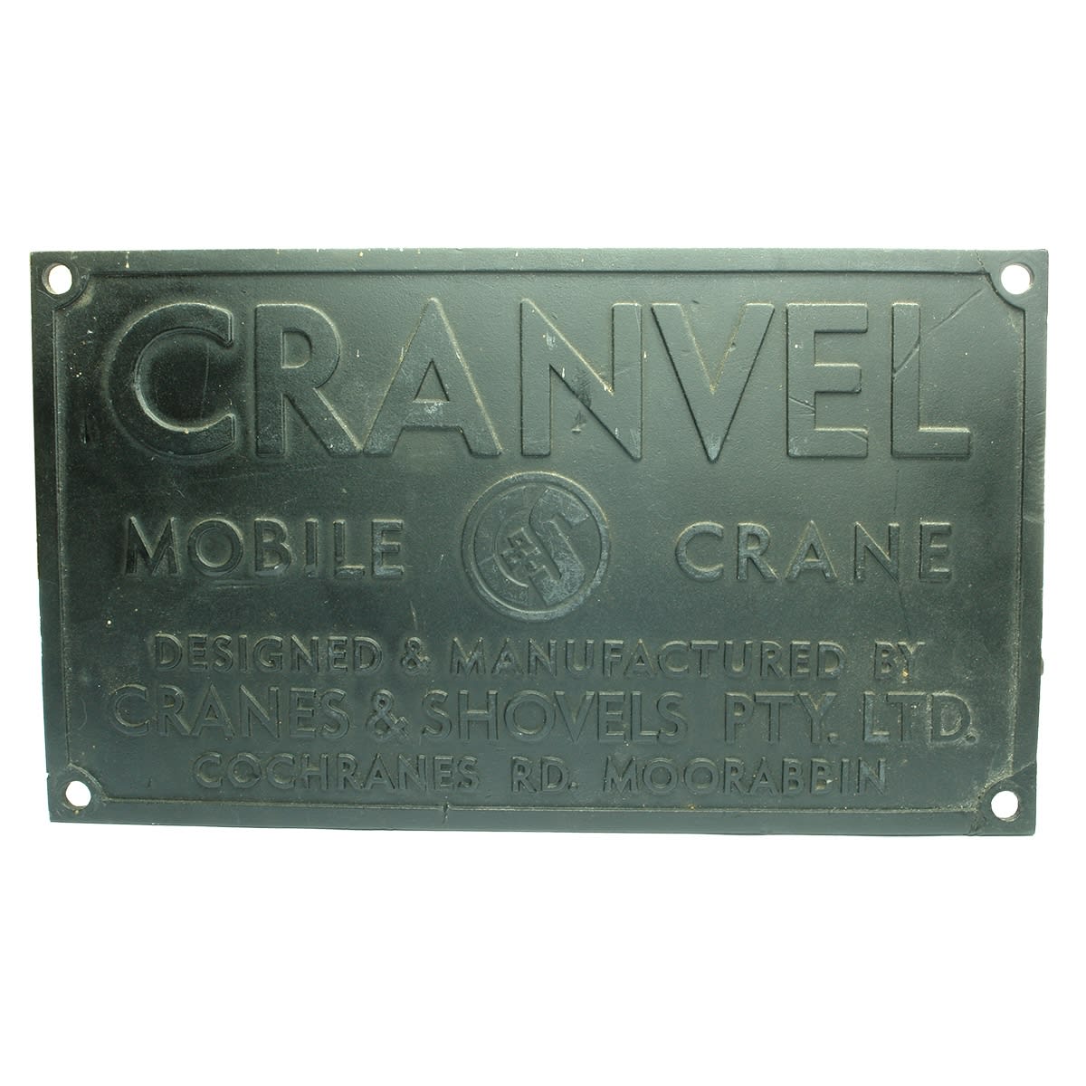 Metal nameplate. Cranvel Mobile Crane. Cranes & Shovels Pty. Ltd. Cochranes Rd., Moorabbin. (Victoria)