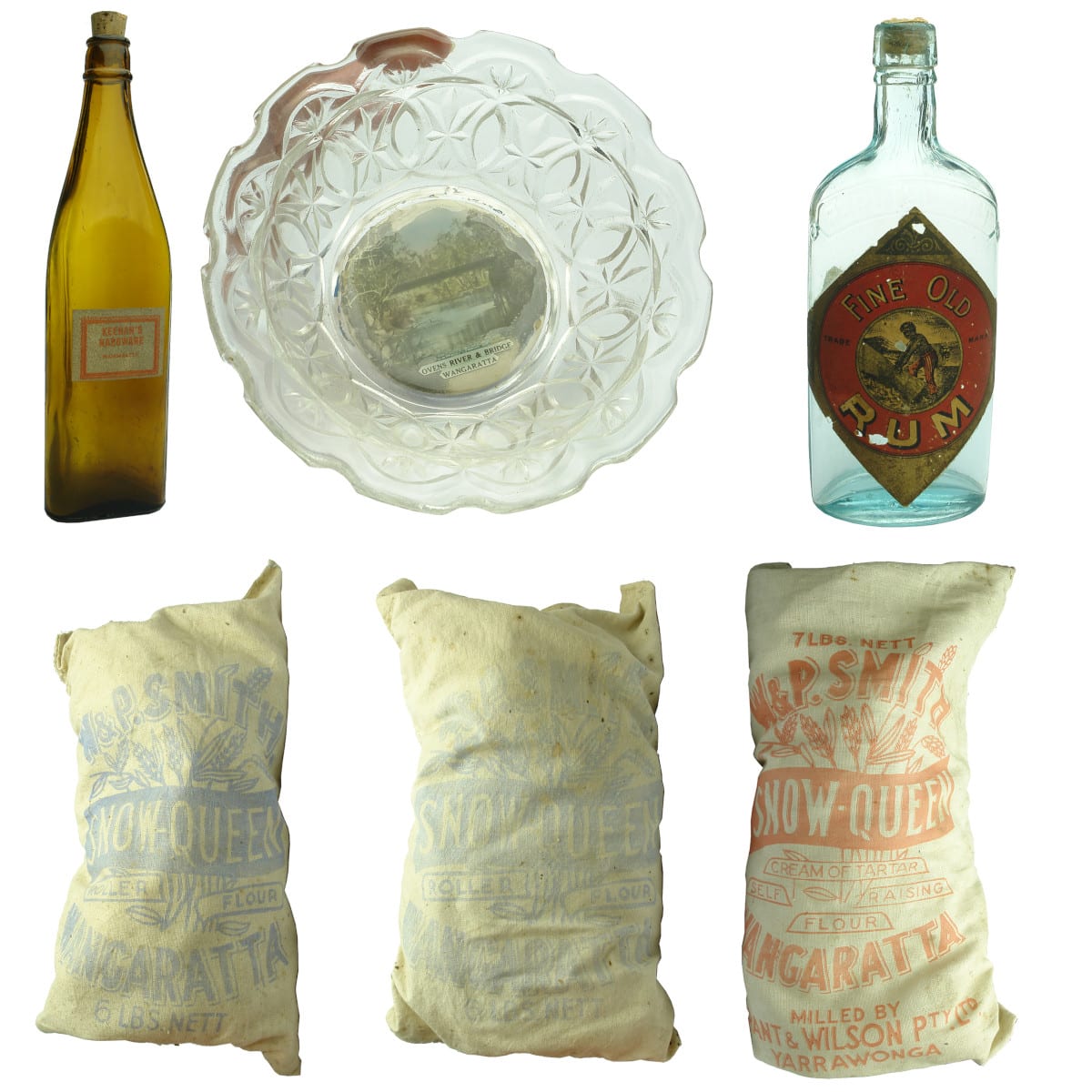 6 Wangaratta Items: Keenan's Hardware labelled Kerosene; Ovens River & Bridge Souvenirware; 3 Flour Bags Smith Wangaratta (& Grant & Wilson Yarrawonga); Labelled Rum, M. Gibson Wine & Spirit Merchant. (Victoria)