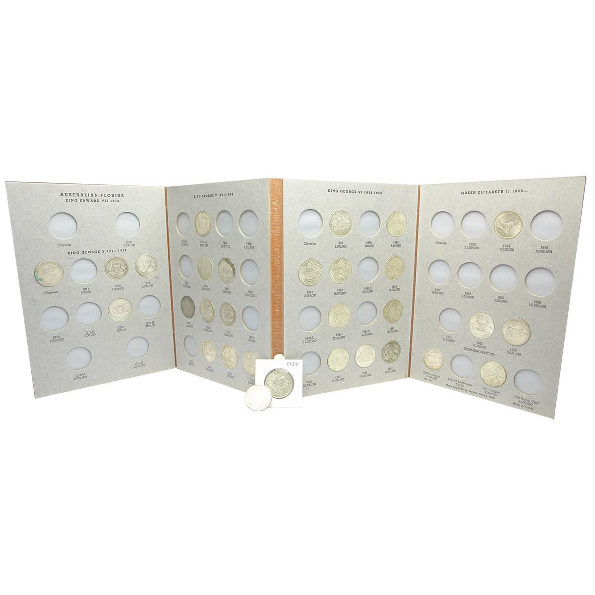 Coins. Australian Florin Album, 59 slots for coins, there are 30 coins with this.
