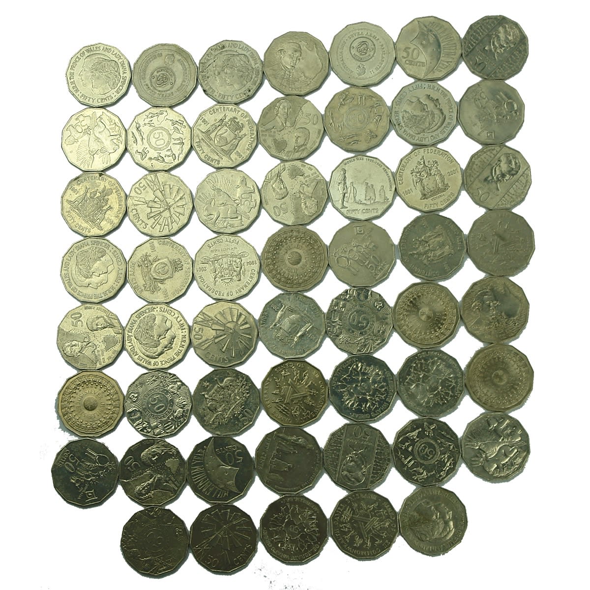 Numismatics. 54 x Commemorative Australian 50 cent coins.