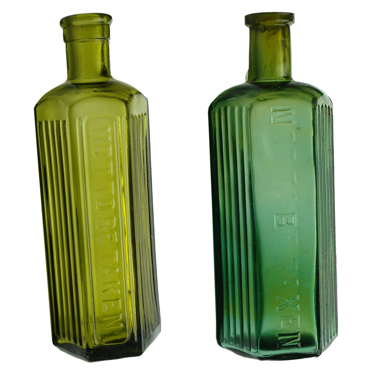 2 Hexagonal Not to be Taken Green Poisons: Larger with seam through lip. AGM base mark. Smaller has olive coloured top, mid green body. L base mark.
