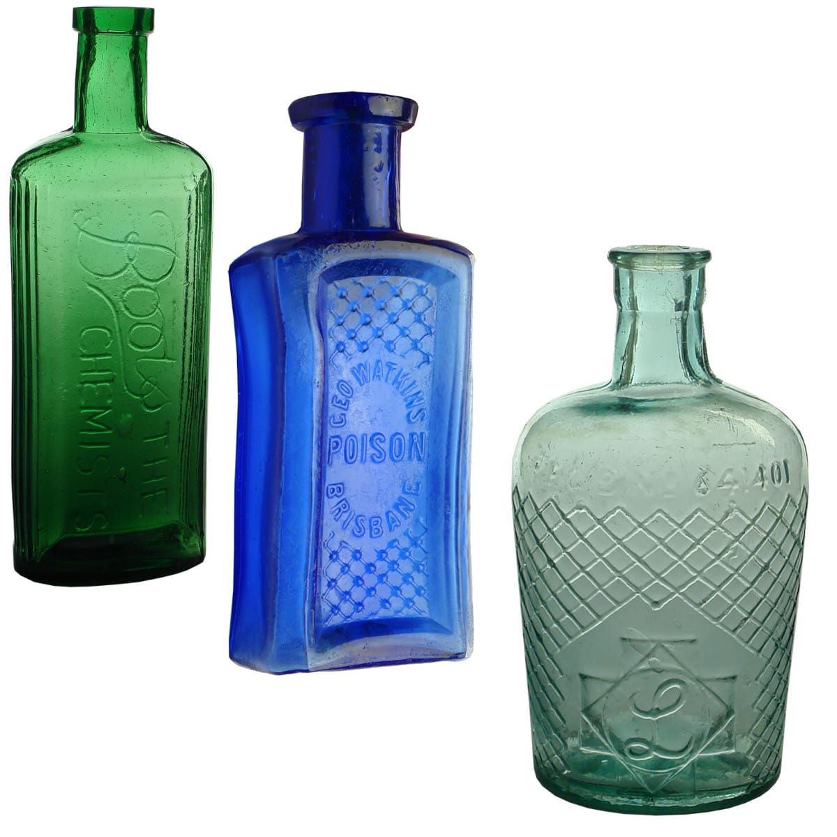 3 Poisons. Boots the Chemists. Green. About 8 oz. 178 mm; Geo. Watkins Brisbane. Cobalt Blue. About 1.5 oz. 103 mm; Lysol Ltd London. Aqua. 6 oz. Regd No. 641401,
