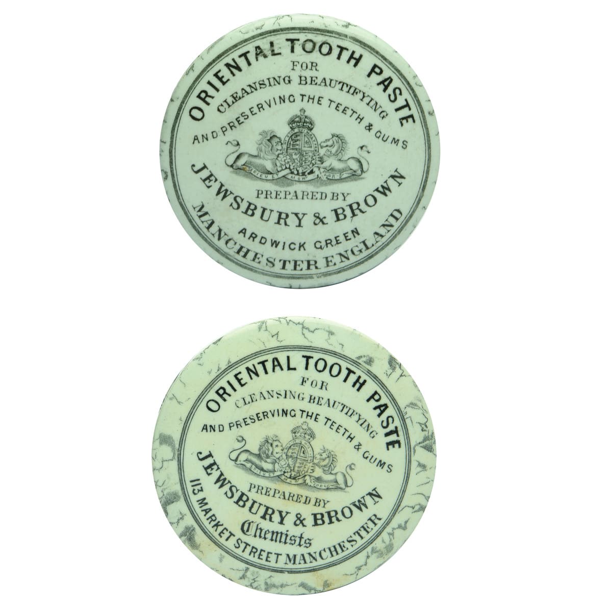 2 Pot Lids & Bases. 1. Jewsbury & Brown Oriental Tooth Paste. Ardwick Green Manchester. Smaller size with nice fitting base. 2. Jewsbury & Brown Oriental Tooth Paste. 113 Market Street Manchester. Smaller size with nice fitting base. (UK)