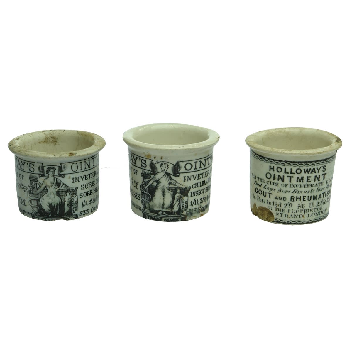 3 Holloways Ointment Pots. 244 Strand; 533 Oxford St and 113 Southwark St. London.