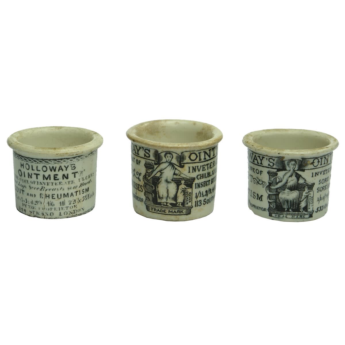 3 Holloways Ointment Pots. 244 Strand; 533 Oxford St and 113 Southwark St. London.
