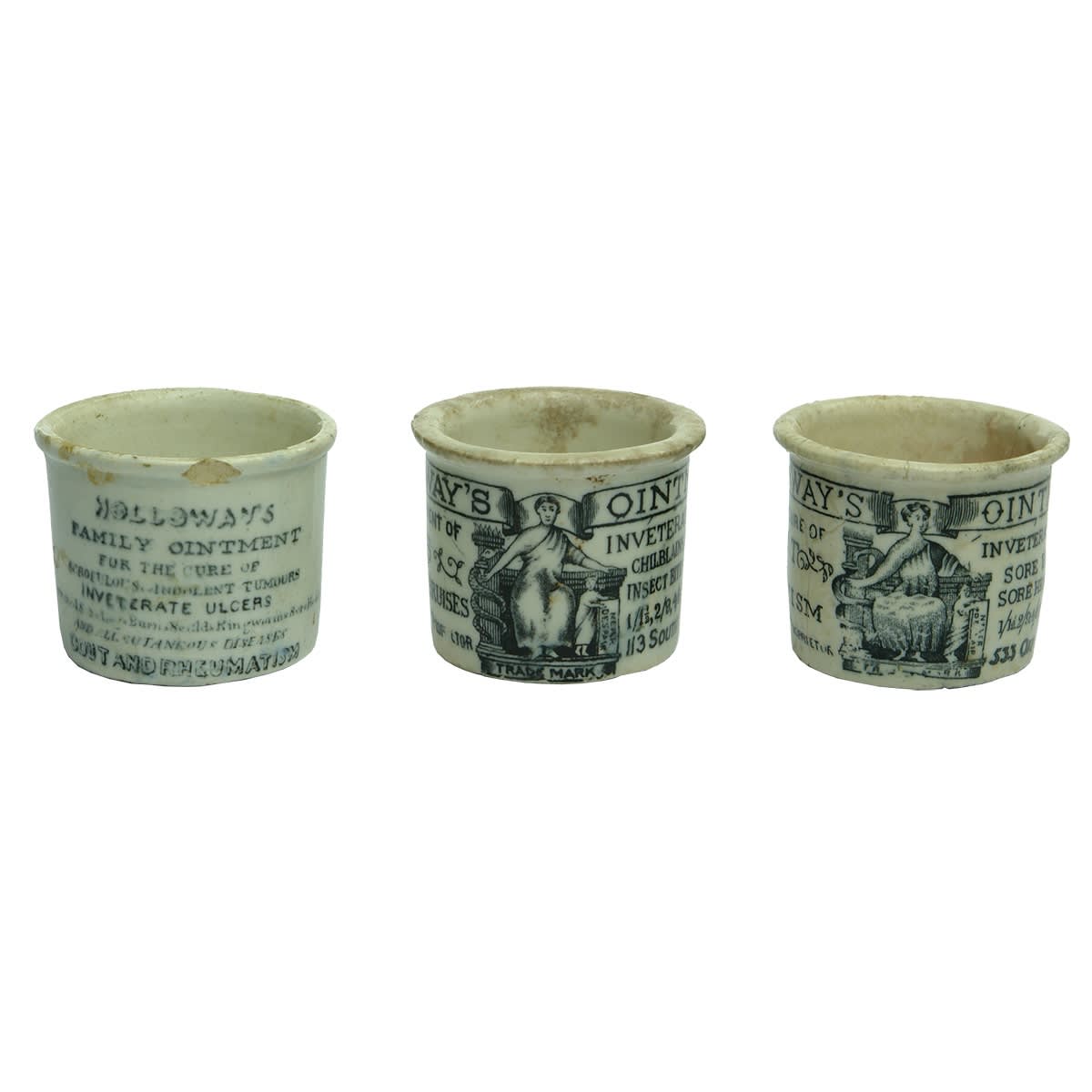 3 Holloways Ointment Pots. Family Ointment 244 Strand; 533 Oxford St; 113 Southwark St. London