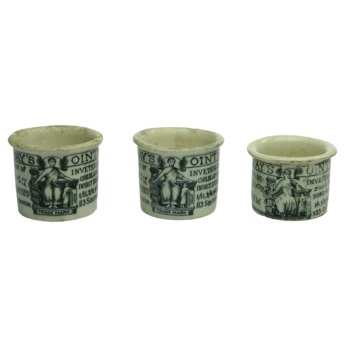 3 Holloways Ointment Pots. 533 oxford St and 2 x 113 Southwark St. London.