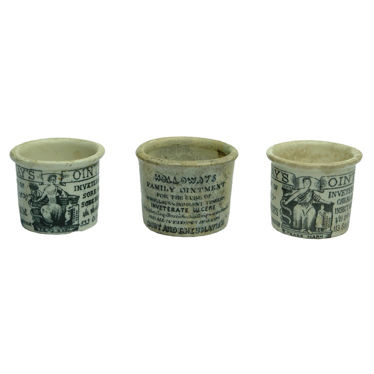 3 Holloways Ointment Pots. Family Ointment 244 Strand; 533 Oxford St; 113 Southwark St. London.