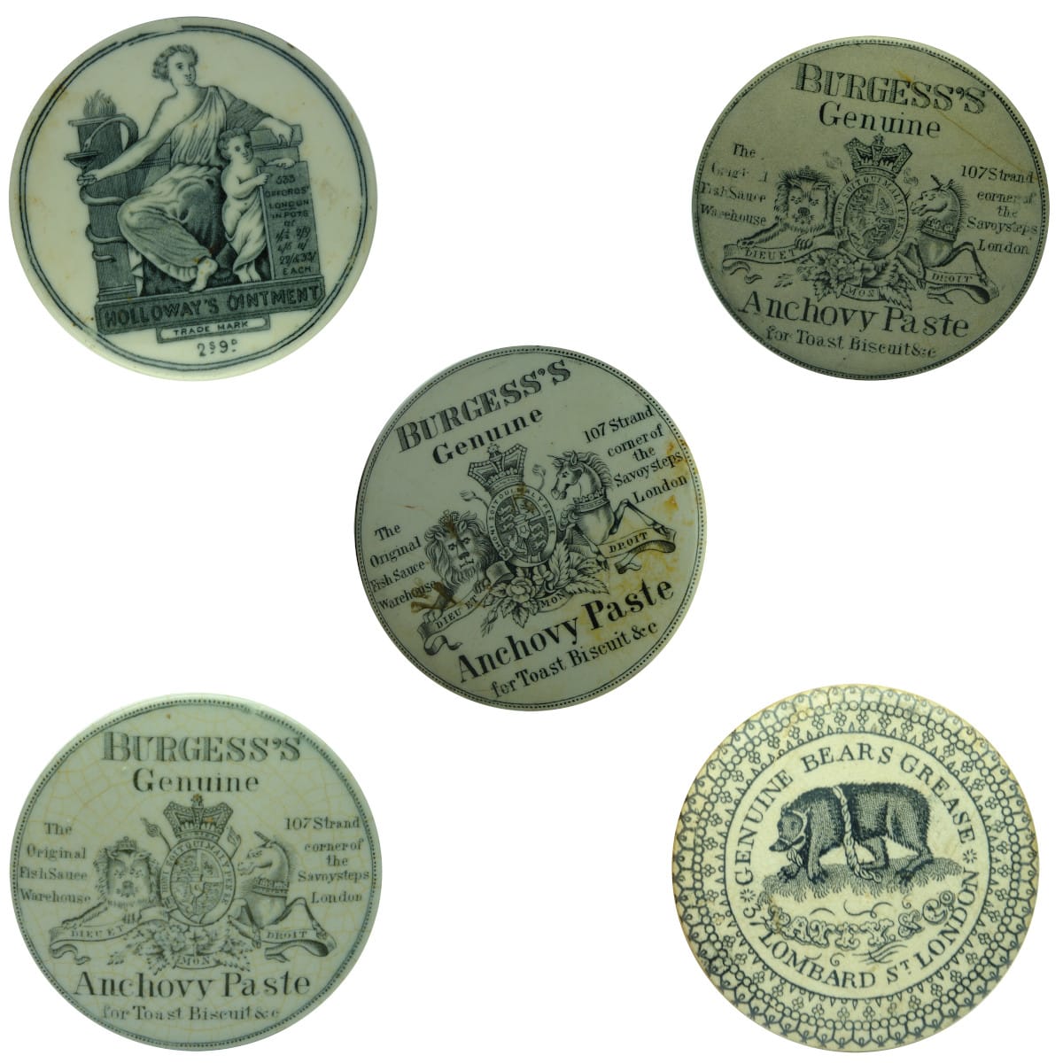 5 Pot Lids: Holloways Ointment 533 Oxford St; 3 x Burgess's Genuine Anchovy Paste; Patey & Co Bears Grease.