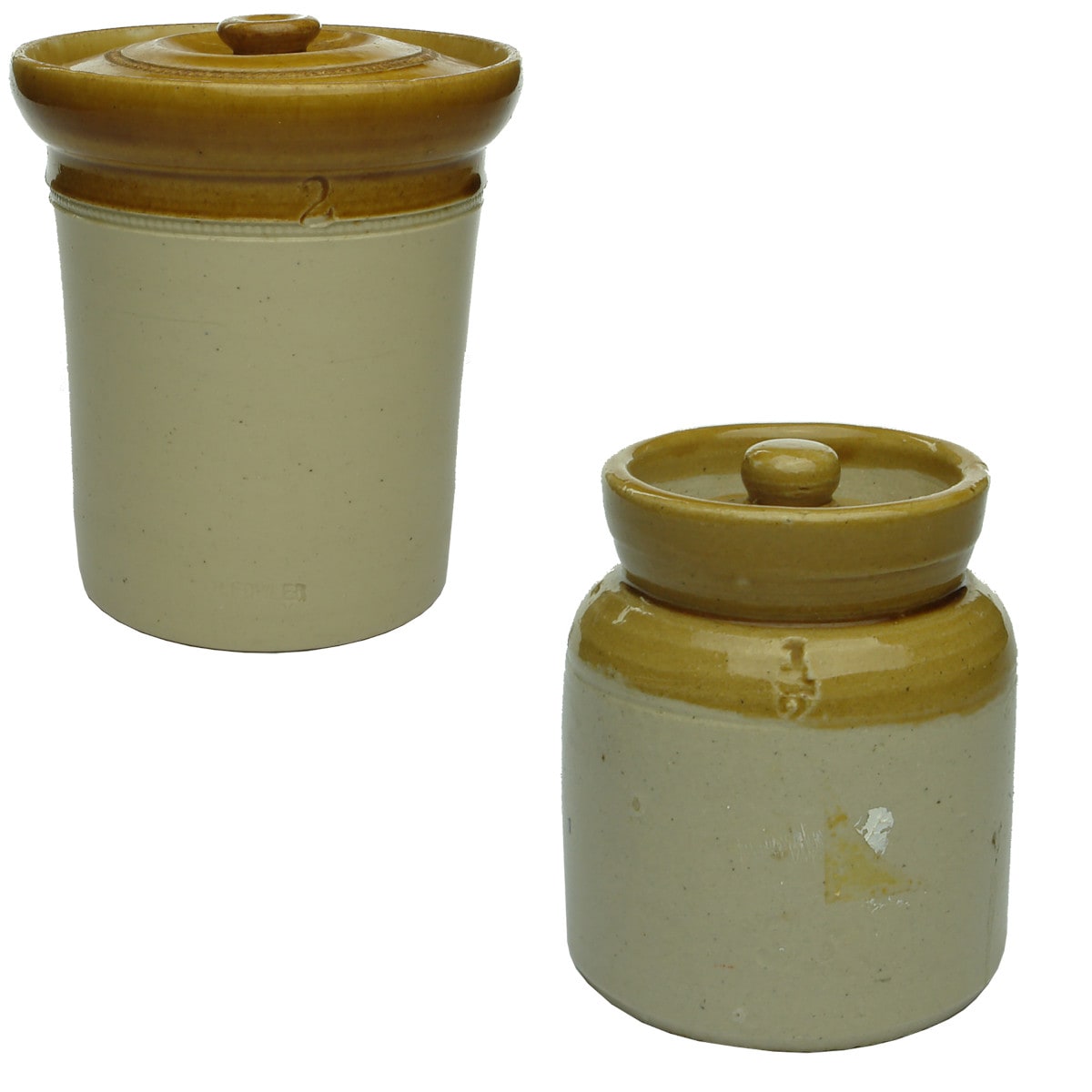 2 Stoneware Lidded jars. Wider flared top. R. Fowler Sydney and 1/2 with hard to read stamp to mid body.