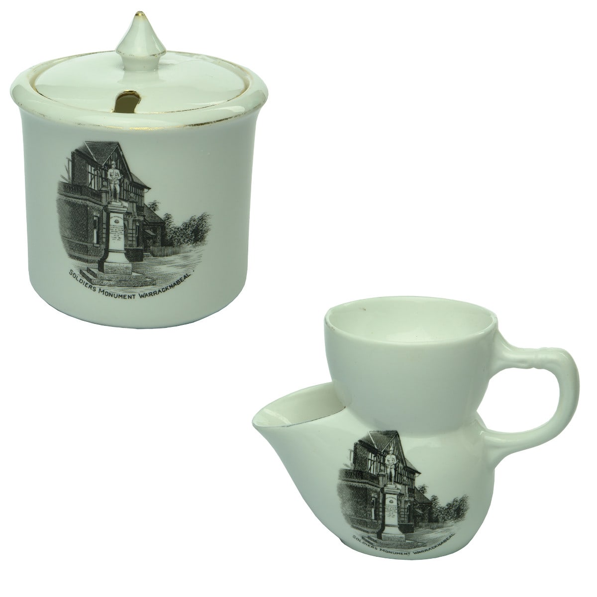 2 Pieces of Souvenirware. Soldiers Mounument, Warracknabeal. Royal Stafford English Bone China. Sugar Bowl. & Shaving Mug (Victoria)