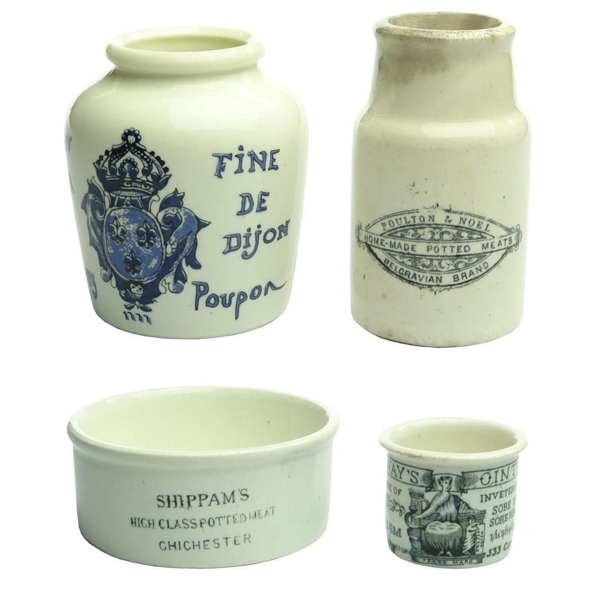 4 Printed Ceramic Items: Poulton & Noel Potted Meats; Shippams Chichester; Dijon Mustard; Holloways Ointment, Oxford Street.