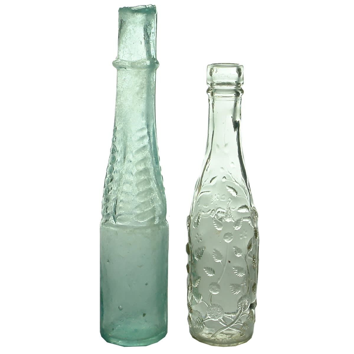 2 Samples: Shear Lip Salad oil (or poison) with Herringbone pattern neck L. Rose & Co Roses Cordial, Clear, Seam through lip.