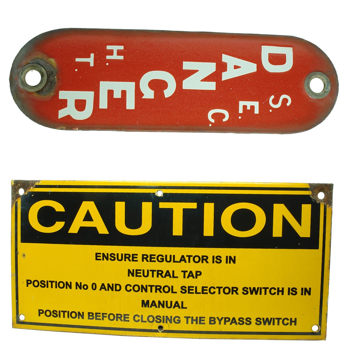 Signs. 1. Red and White S. E. C. Danger Sign. Enamel. 2. Yellow and Black Caution Regulator Sign. Enamel.