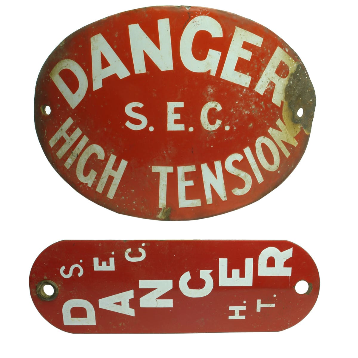 2 SEC Enamel signs. Danger S. E. C. High Tension curved sign & S. E. C. Danger H. T. upright sign. (Victoria)