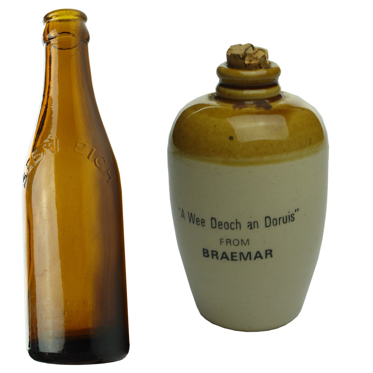 2 Spirits Bottles: Beenleigh Rum, Thomas Brown & Sons crown seal; A Wee Deoch an Doruis from Braemer. W. D. Pickford/