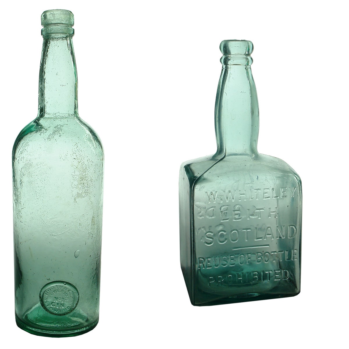 2 Spirits Bottles: Booth & Co Superior Sealed Gin; W. Whitely House of Lords Leith Whisky.