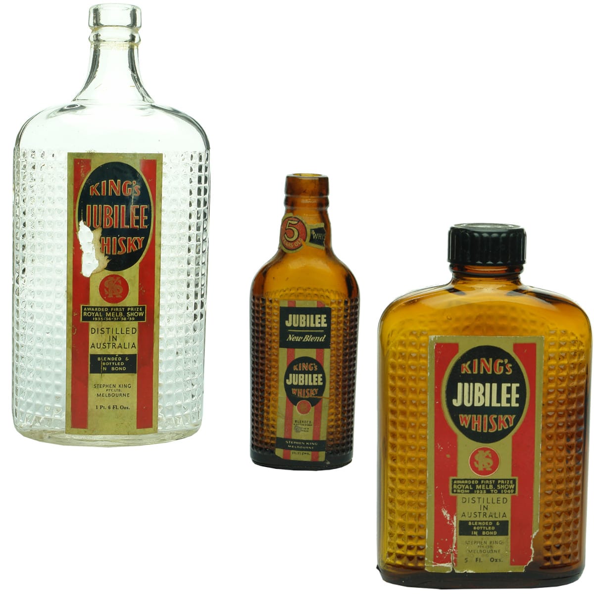 3 King's Jubilee Whisky. Stephen King Pty Ltd Melbourne. Labelled bottles. 26 oz, 5 oz & 1.5 oz. (Victoria)