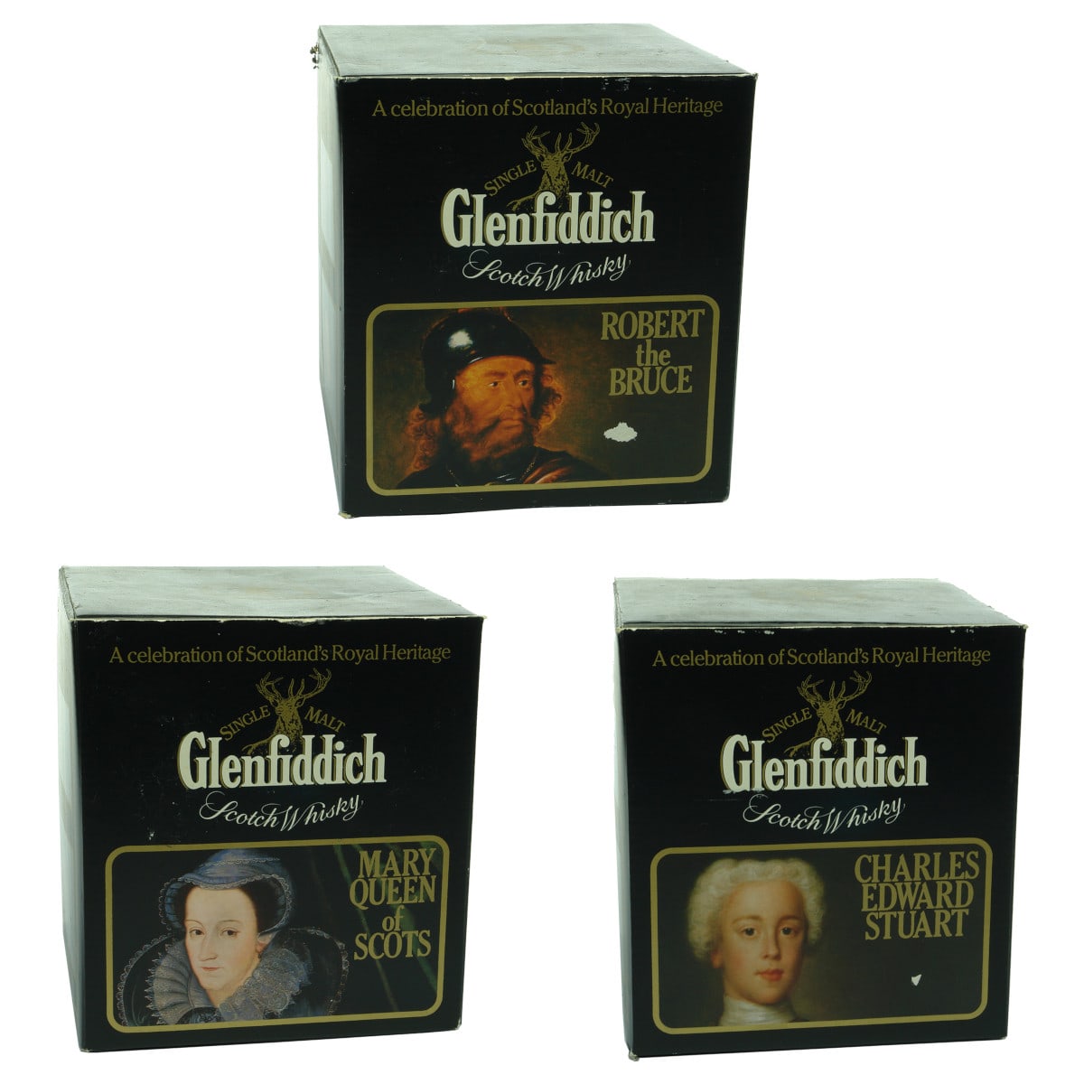 3 Commemorative Whisky Jugs. Glenfiddich. Robert the Bruce; Mary Queen of Scots; Charles Edward Stuart. All in original boxes. (No whisky though!)