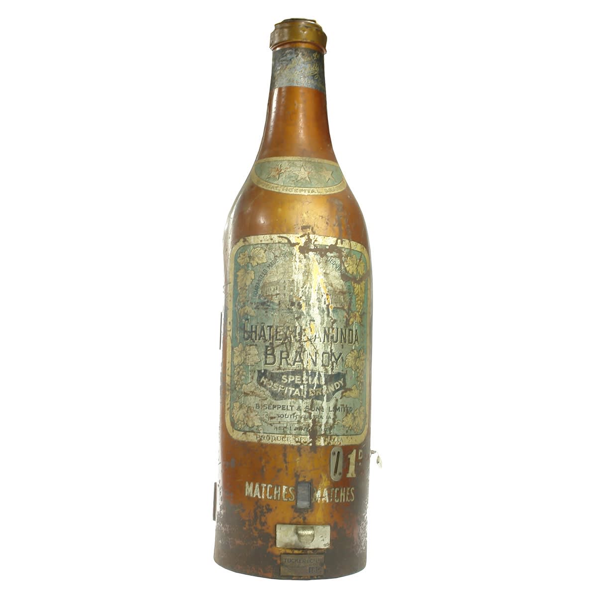 Chateau Tanunda Brandy Advertising Match Dispenser. Tucker & Co Ltd Sydney. Lines Automatiks. With empty matchboxes and bag of Pennies!
