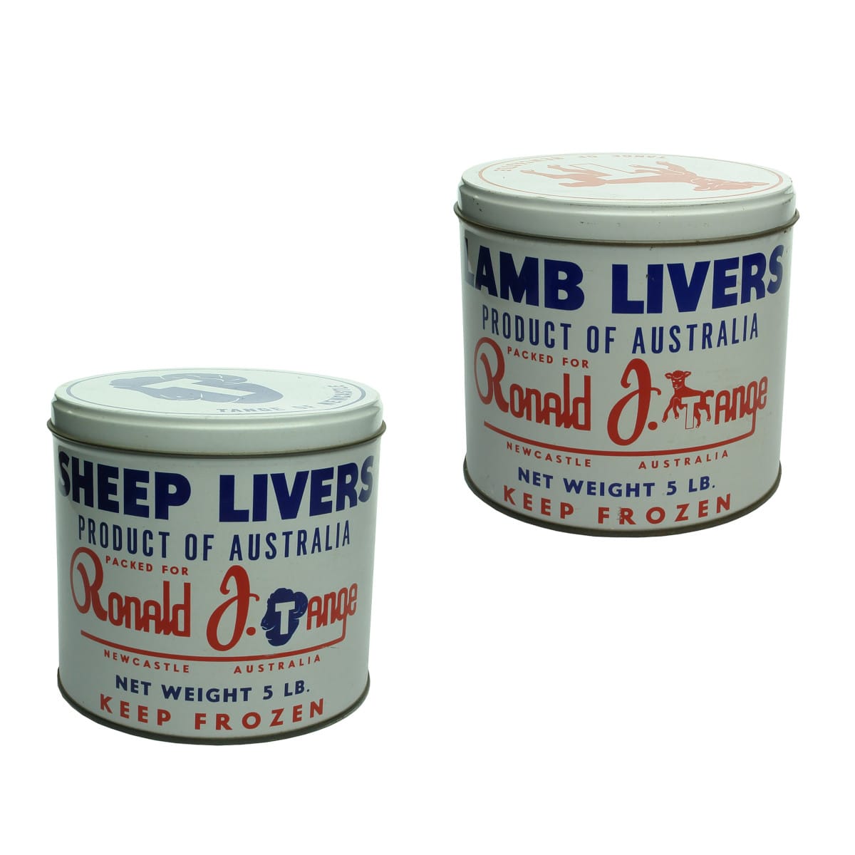 2 Tins. Sheep Livers & Lamb Livers, Ronald J. Tange Newcastle. 5 lbs each. (New South Wales)