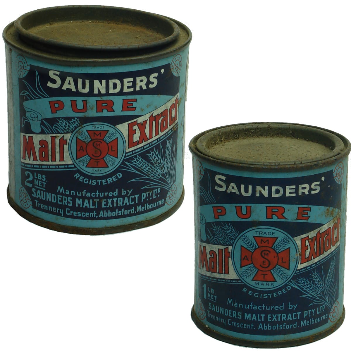 2 different sized Saunders Malt Extract tins. Trenerry Crescent, Abbotsford, Melbourne and at Adelaide, Brisbane, Sydney.