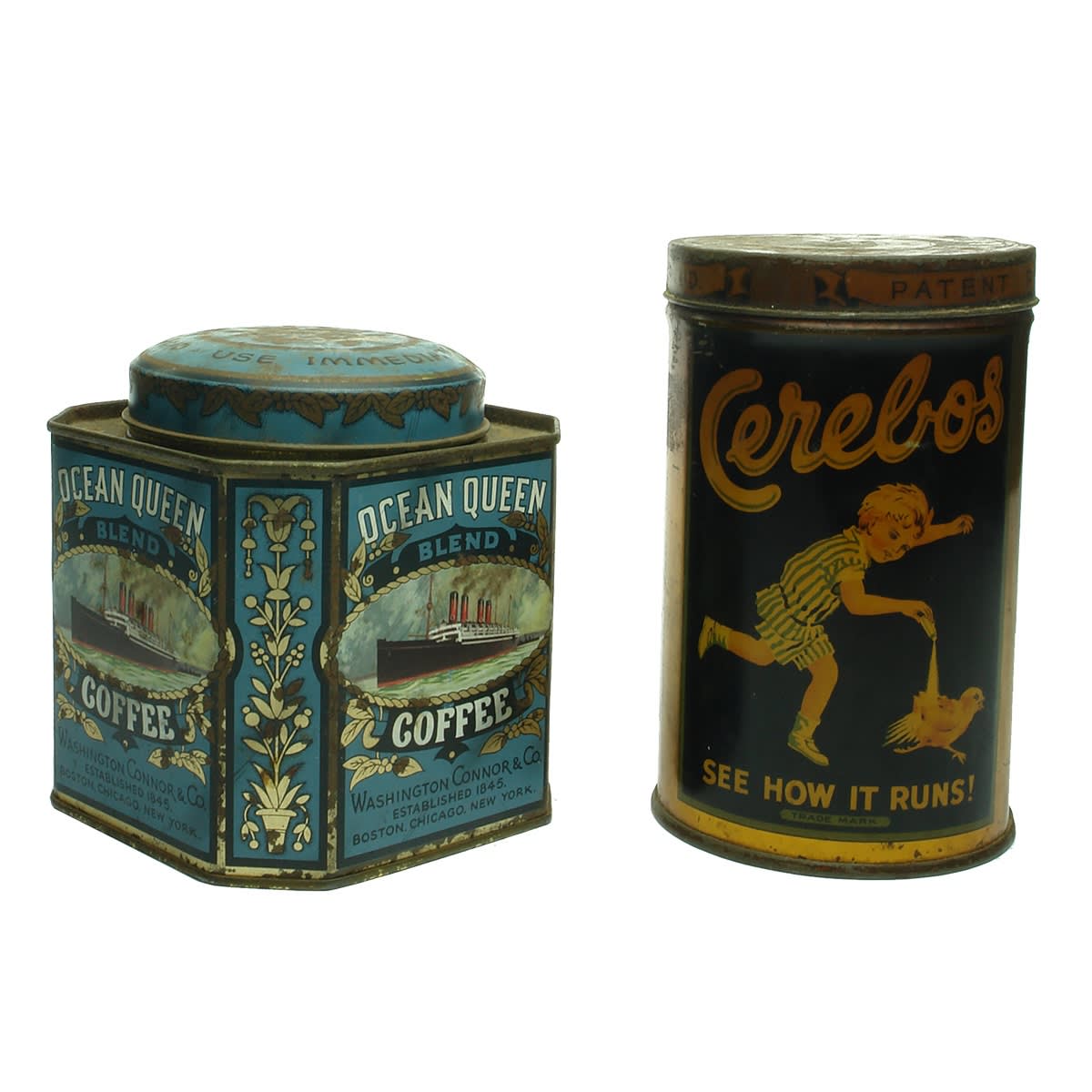 2 Tins: Cerebos Salt; Ocean Queen Blend Coffee, Washington Connor & Co Boston, Chicage, New York.
