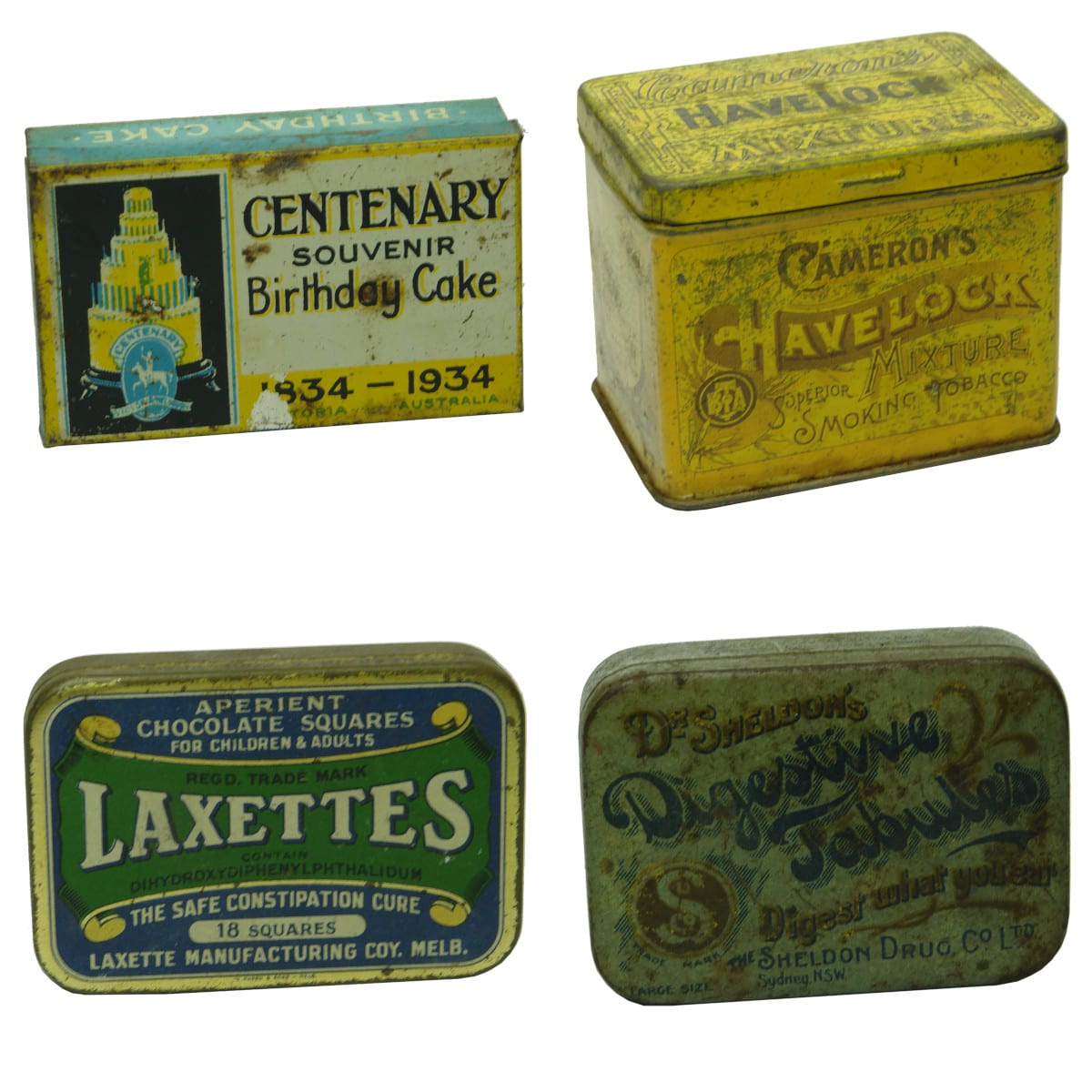 4 Tins: Melbourne Centenary 1934 Cake Tin; Cameron's Havelock Mixture 4 oz; Laxettes Melbourne; Dr Sheldon's Digestive Tabules Sydney.