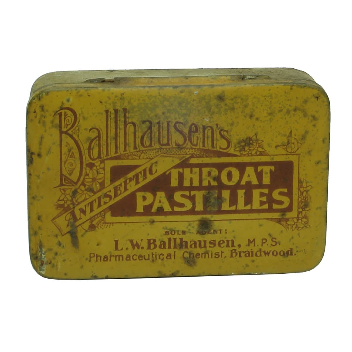 Chemist Tin. Ballhausen's Throat Pastilles. L. W. Ballhausen, Braidwood. (New South Wales)