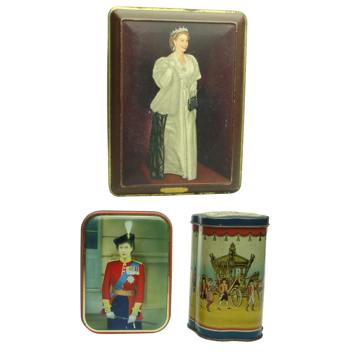 3 Royal Themed Tins: Queen Elizabeth II Coronation 1953 Peek Frean Biscuits; Edward Sharp tin with Young QEII; A. W. Allen Australia tin with coronation type pictures.
