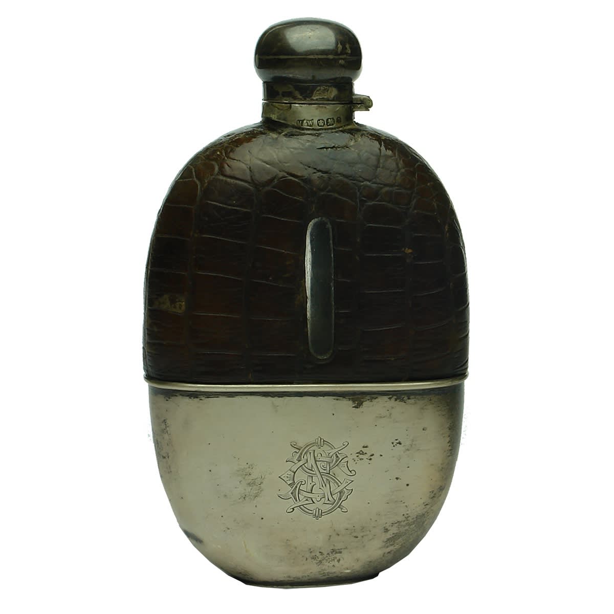 Whisky Hip Flask. Mappin & Webb Sterling Silver fittings. Leather. Glass bottle.
