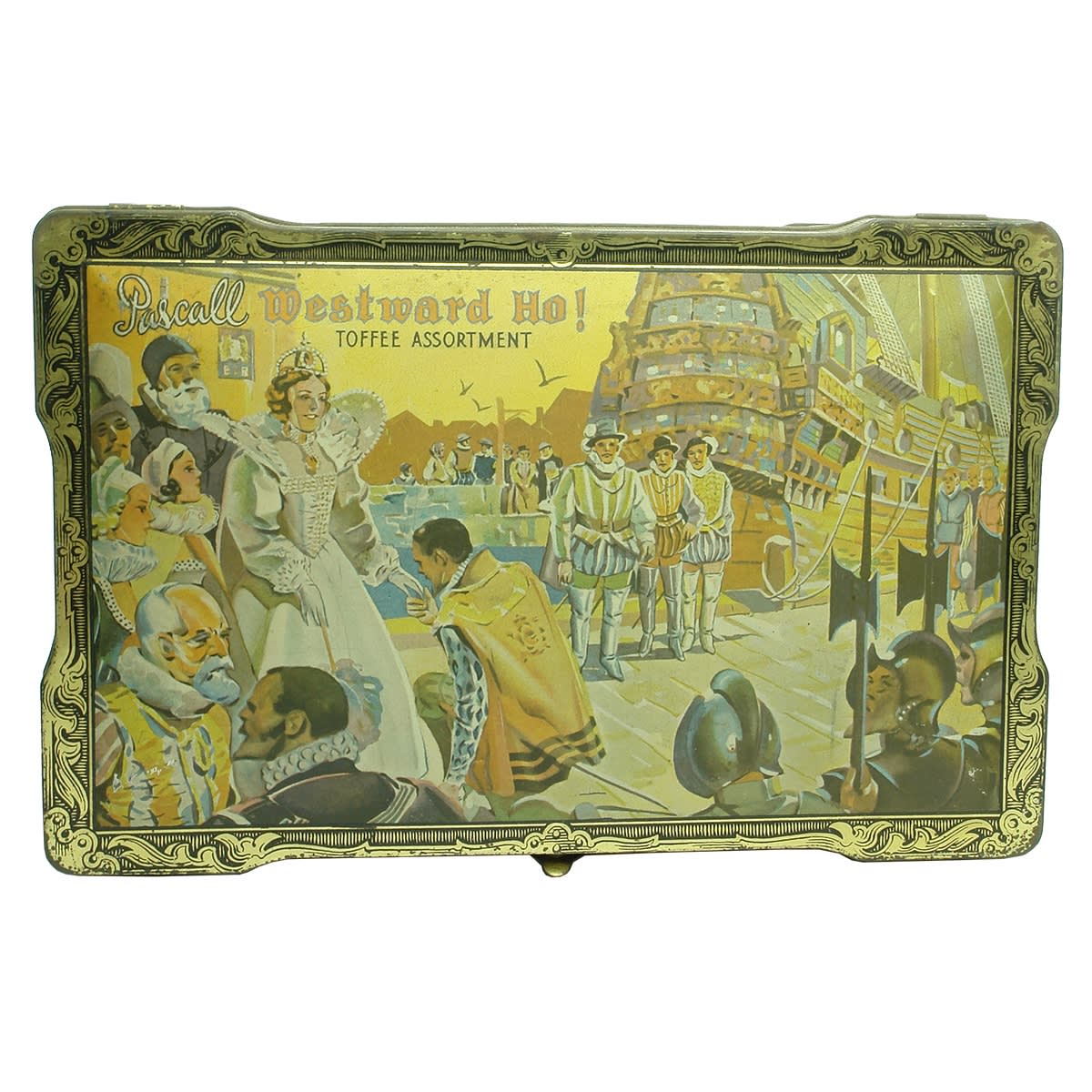Tin. Large Pascall Claremont Tasmania. Westward Ho! Toffee Assortment. Queen Elizabeth I type scenes and treasure hunting. (Tasmania)