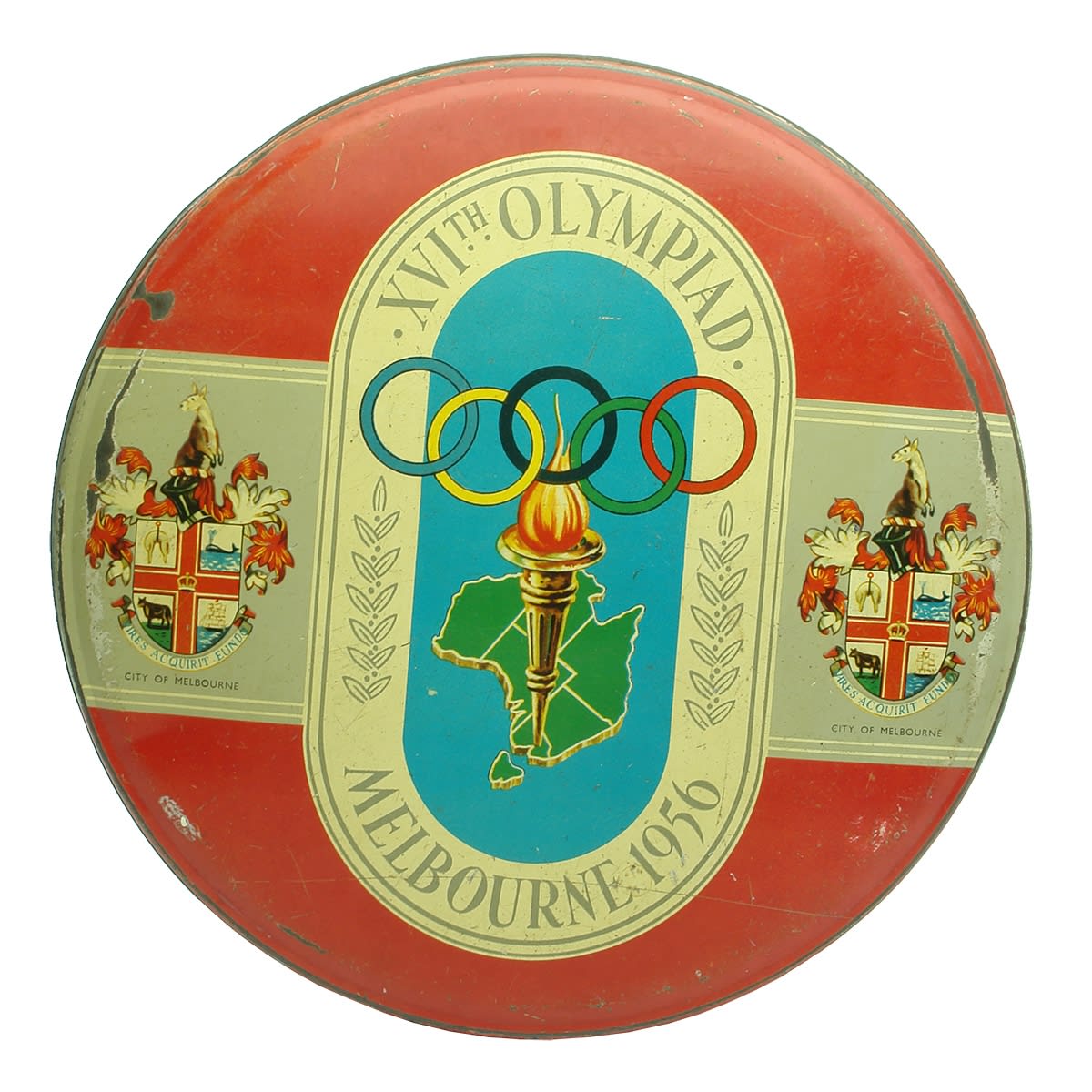 Tin. Phoenix Biscuit Co Pty Ltd Melbourne Olympics 1956 round tin. (Victoria)