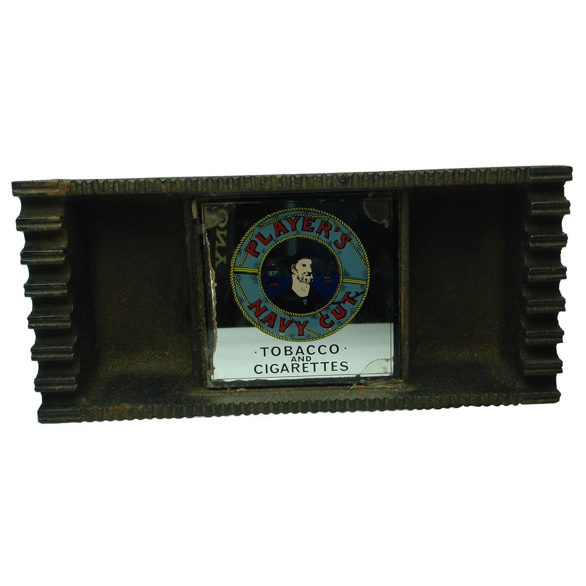 Tobacciana. Cast Iron Ash Tray with Mirror in Middle Advertising Player's Navy Cut Tobacco and Cigarettes.