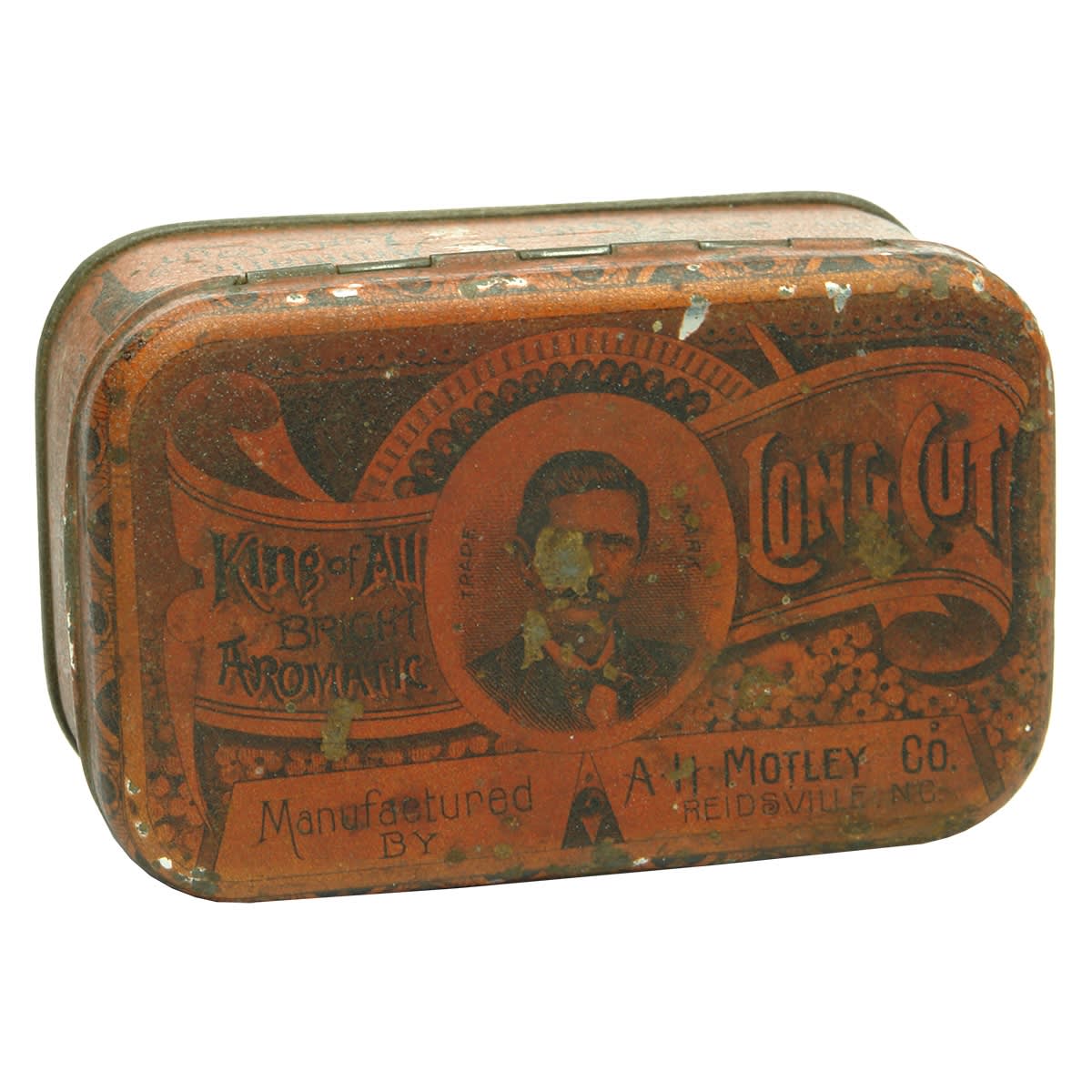 Tin. King of All Aromatic Long Cut, A. H. Motley, Reidsville, N. C, U. S. A. (United States)