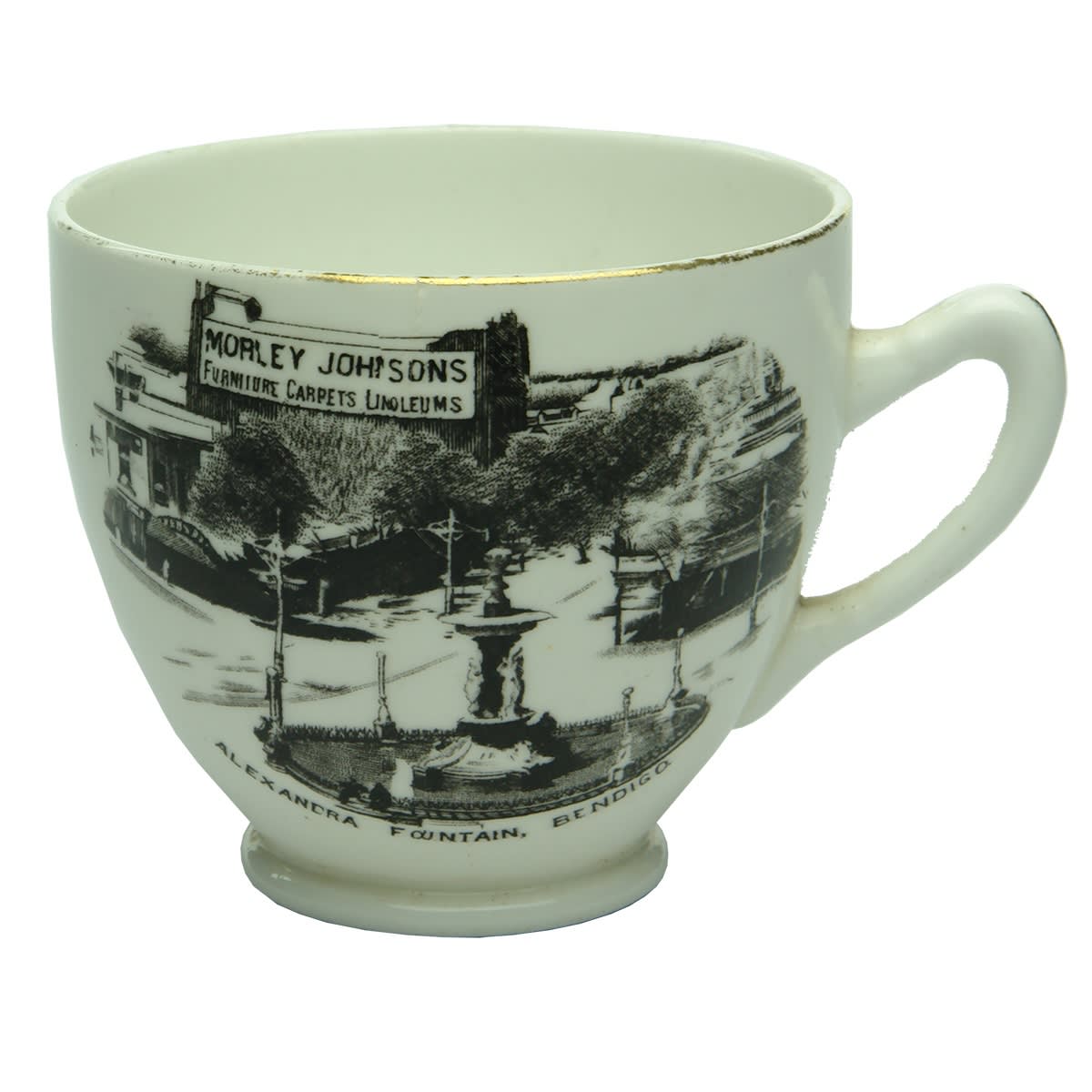 Hotelware. Morley Johnsons Ltd Bendigo Advertising Teacup Depicting Alexandra Fountain, Bendigo. Royal Stafford English Bone China. (Victoria)