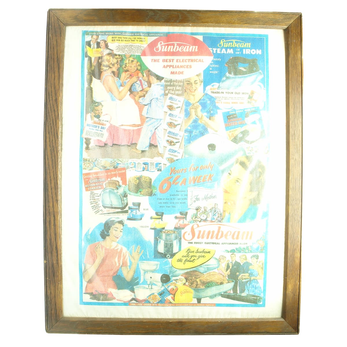 Advertising Teatowel: Sunbeam Electrical Appliances. The Finest Made. So many happy housewives amongst the images! Cookers, Beater-mix, Iron.