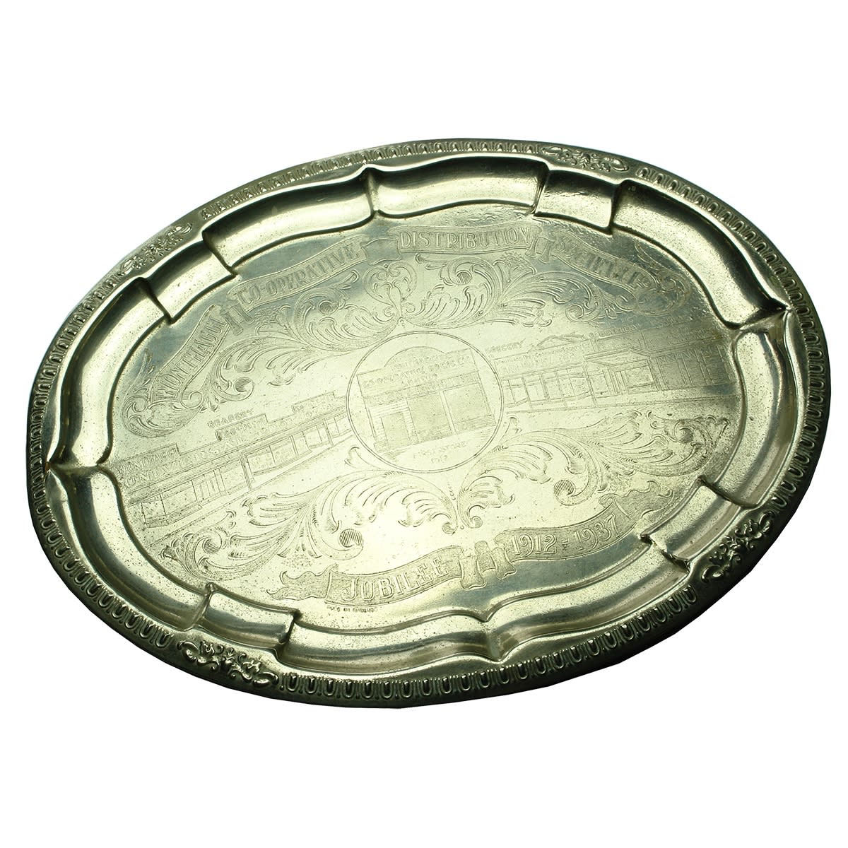 Plated serving tray. Wonthaggi Co-operative Distribution Society. Jubilee 1912 - 1937. (Gippsland, Victoria)
