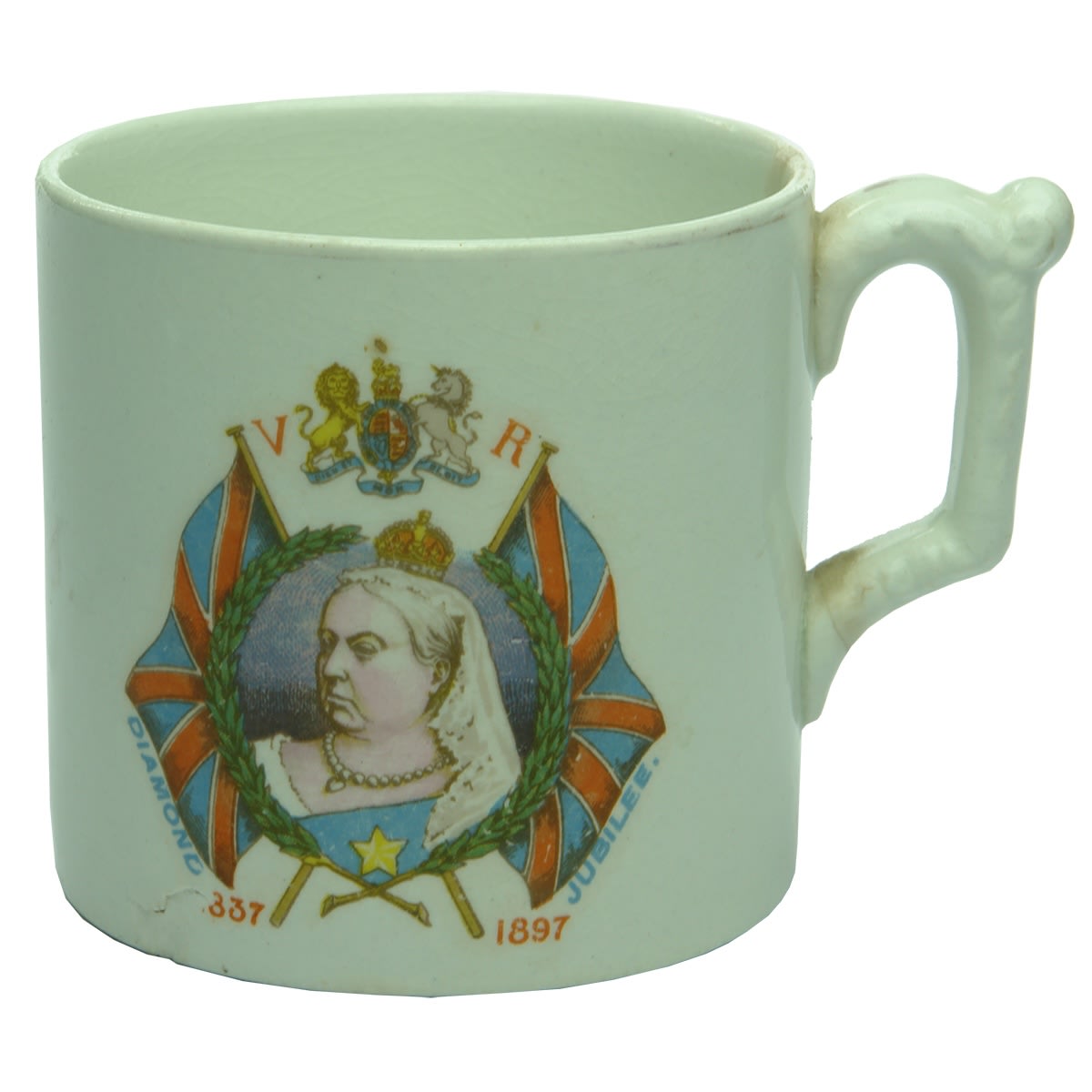 Souvenirware. Queen Victoria's Diamond Jubilee, 1897. Mug with multicoloured print showing flags and Queen Victoria. (United Kingdom)