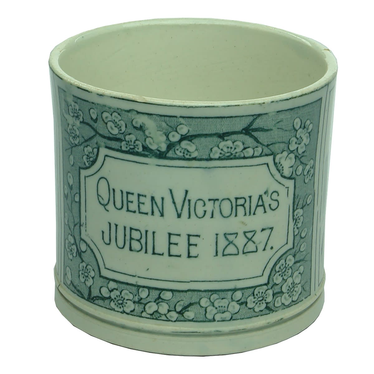Souvenirware. Queen Victoria's Jubilee, 1887. Mug with green print showing flag and Queen Victoria. (United Kingdom)