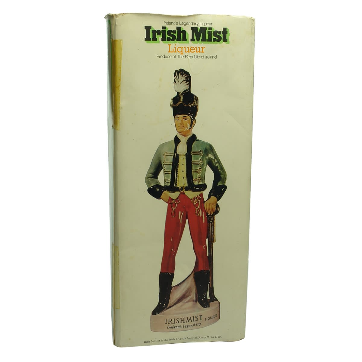Whisky Advertising. Ceramic figure of Irish Soldier in the Austrian Army Circa 1750. Irish Mist Liqueur. 1.6 ozs. Package is 262 mm tall.