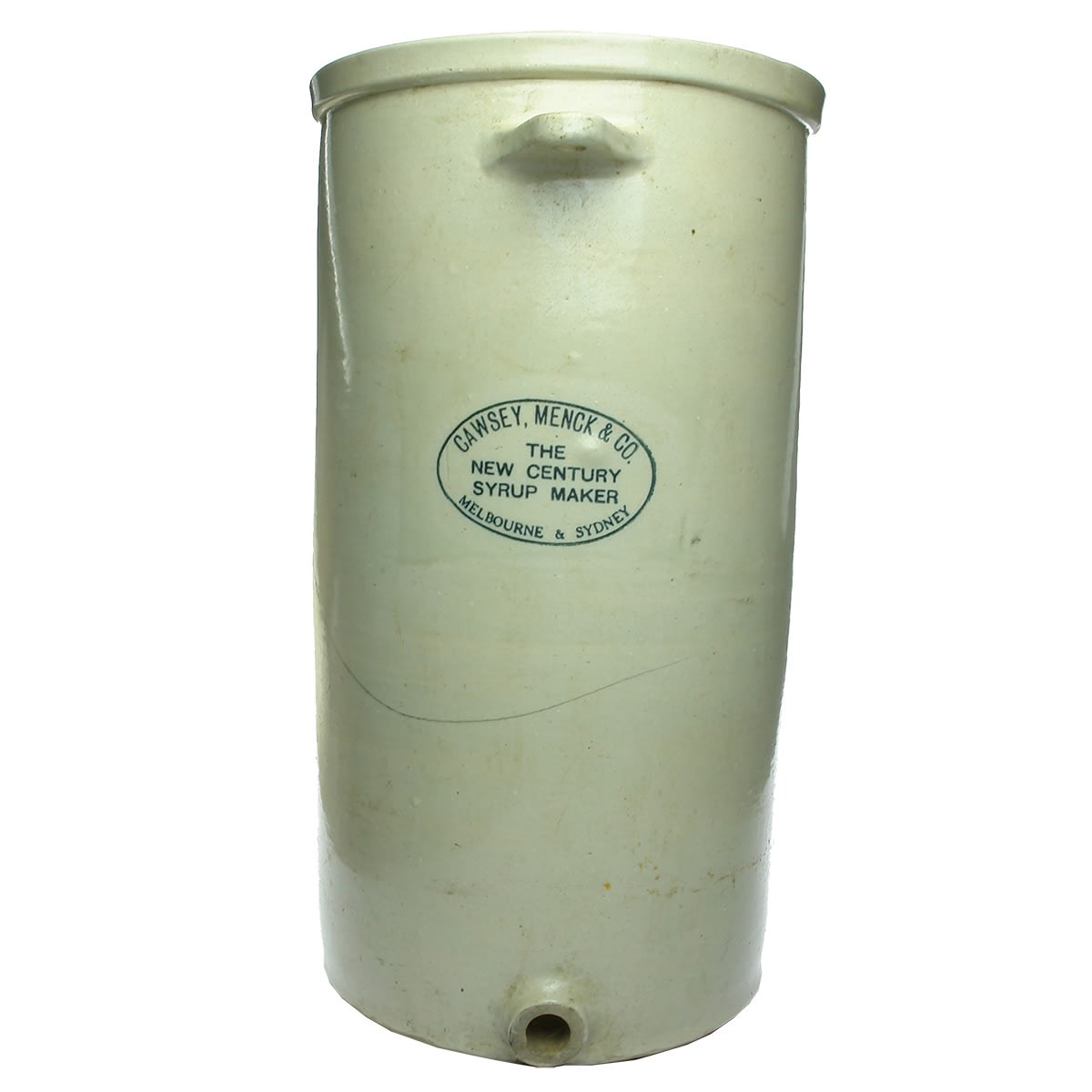Pottery. Cawsey, Menck & Co., The New Century Syrup Maker, Melbourne & Sydney. All white with black print. LARGE (FAR TOO BIG FOR POST!). (Victoria, New South Wales)
