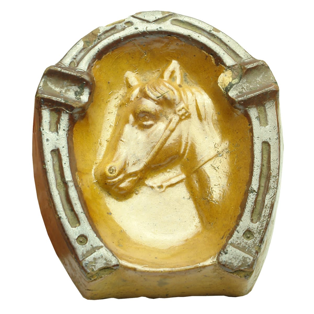 Brickworks type pottery Horseshoe & Horse head ashtray. Dated 1934. BV initials.