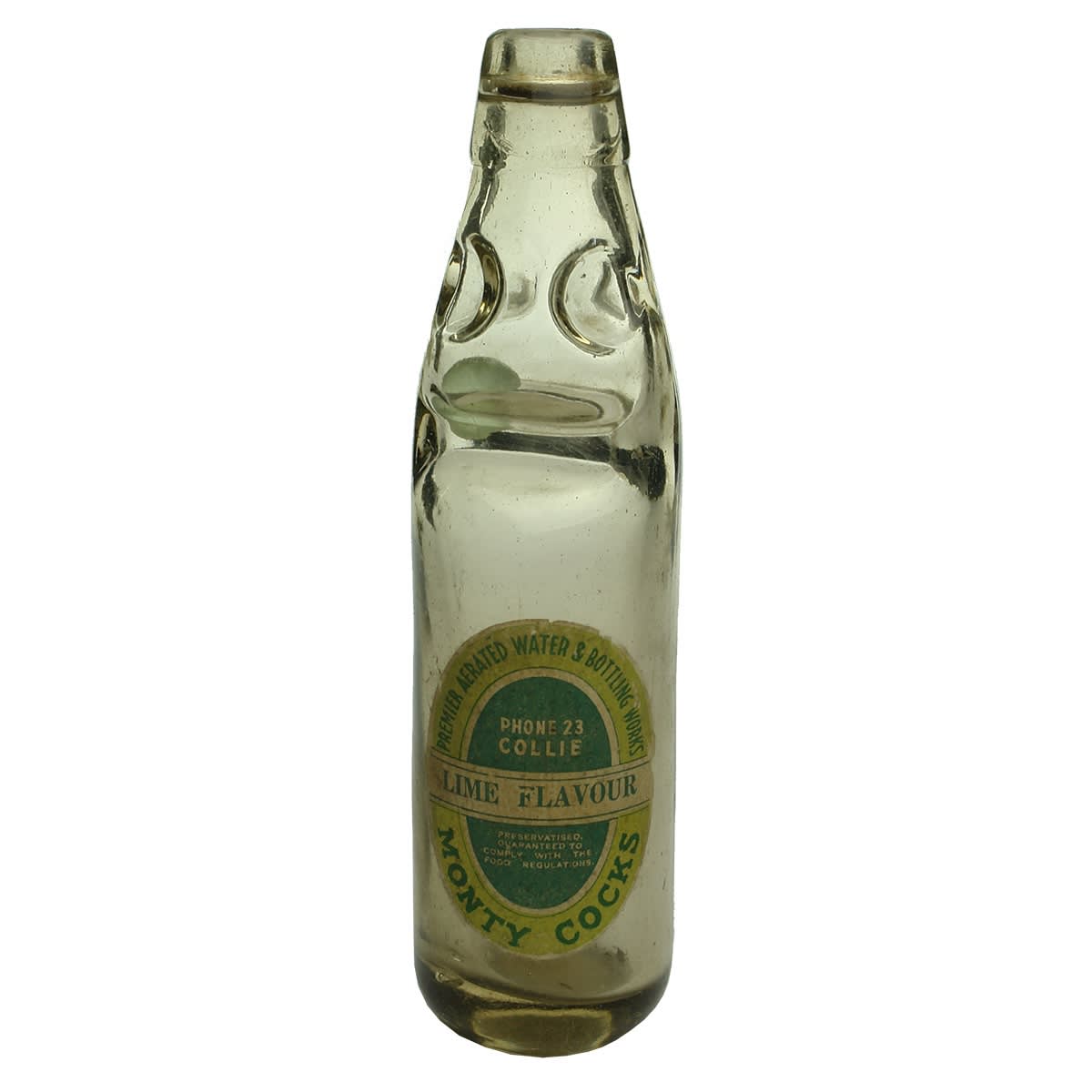 Codd. Plain bottle with label. Premier Aerated Water & Bottling Works. Phone 23 Collie. Monty Cocks. (Western Australia)