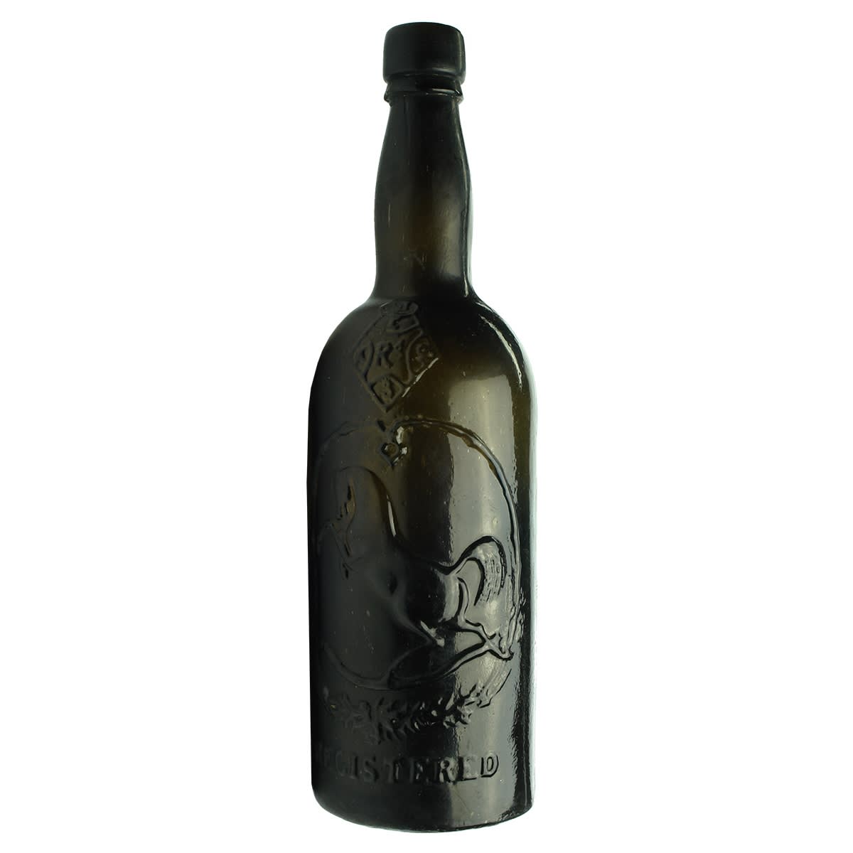 Beer. Black Horse Ale. Black Glass. Tall. 26 oz. Straight sided top. (Often known mistakenly as a Black Horse Whisky)