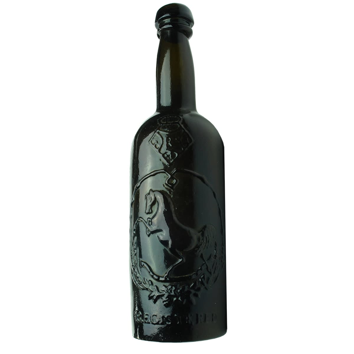 Beer. Black Horse Ale. Black Glass. Tall. 26 oz. Mushroom top. (Often known mistakenly as a Black Horse Whisky)