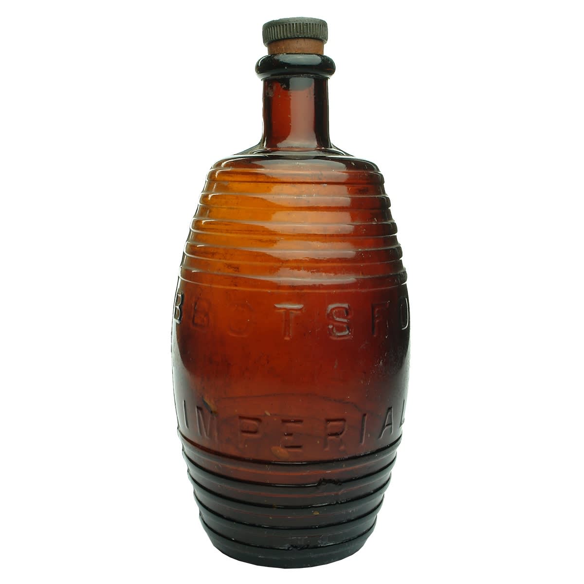 Beer. Abbotsford Ale. Half Gallon Glass Barrel. Amber. Abbotts stopper with it. (Victoria)