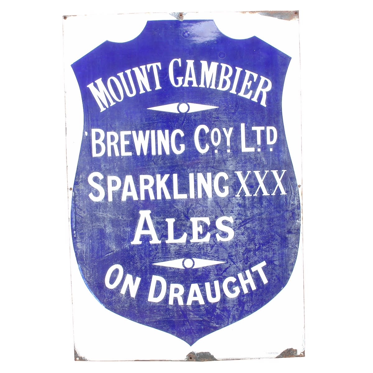 Enamel Sign. Mount Gambier Brewing Coy Ltd Sparkling XXX Ales on Draught. Simpson, Adelaide maker. (South Australia)
