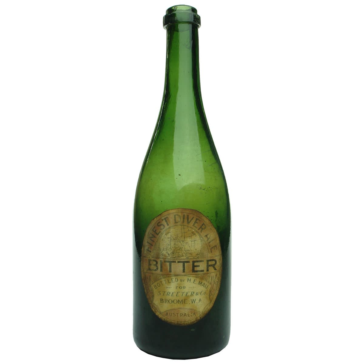Beer. Plain ring seal with label for Finest Diver Ale. Bitter. Bottled by H. E. Mau for Streeter & Co., Broome, W. A. (Western Australia)